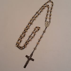 Vintage STERLING Silver Rosary Pearl Necklace INRI‎